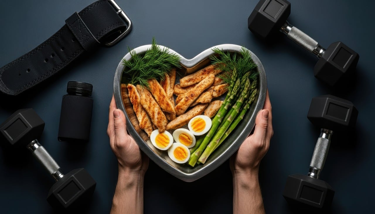 proteins, food, chicken, eggs, asparagus, diet, muscle, body-building, dumbbells, gym, black, green, heart, plate, nutrition, supplements, belt, lifting, fitness, healthy, lunch, preparation, keto, meats, generated by ai