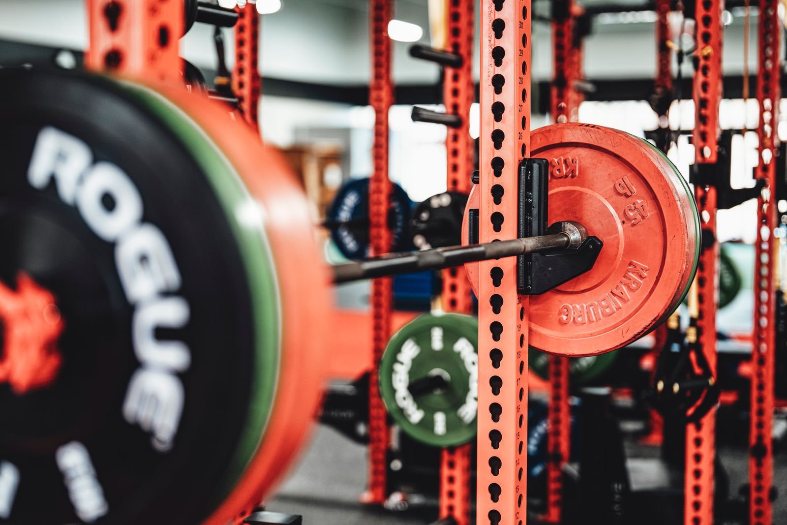 A barbell loaded with weight plates on a squat rack, illustrating progressive overload for leg growth