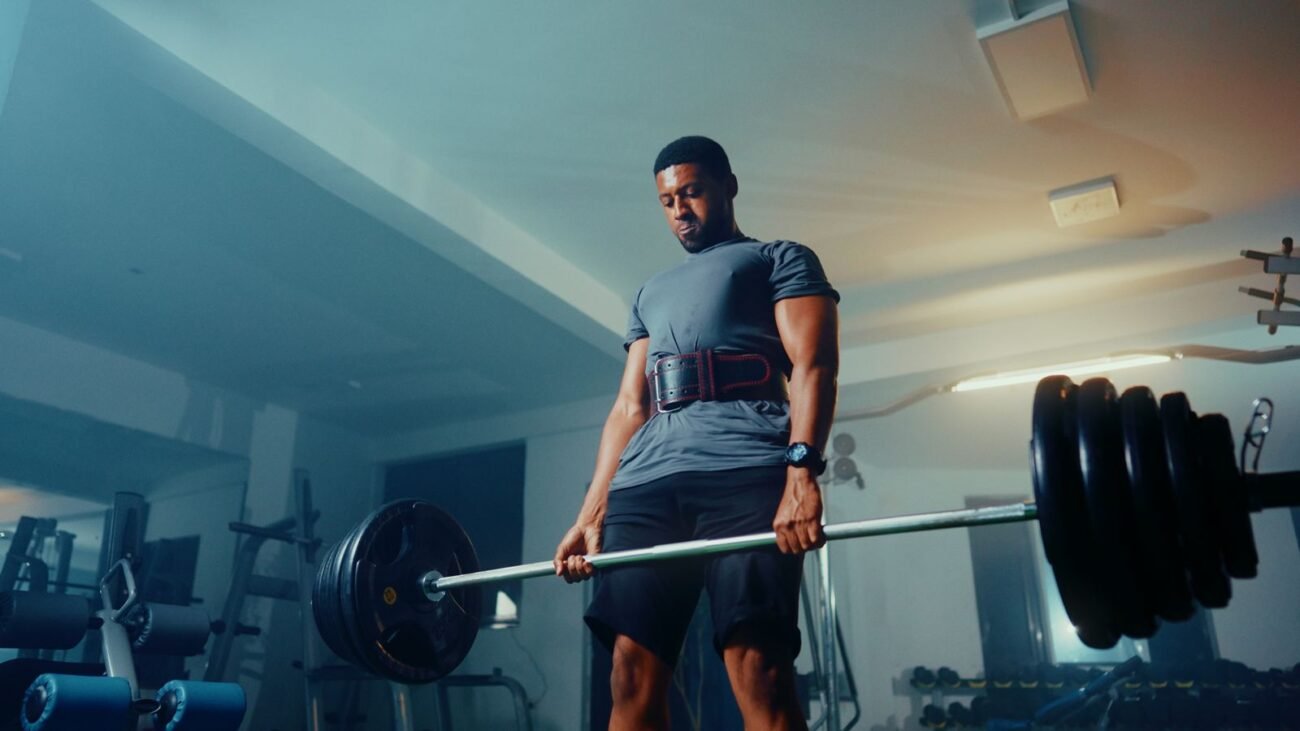 Athlete wearing a supportive weightlifting belt while performing a heavy barbell deadlift in a gym