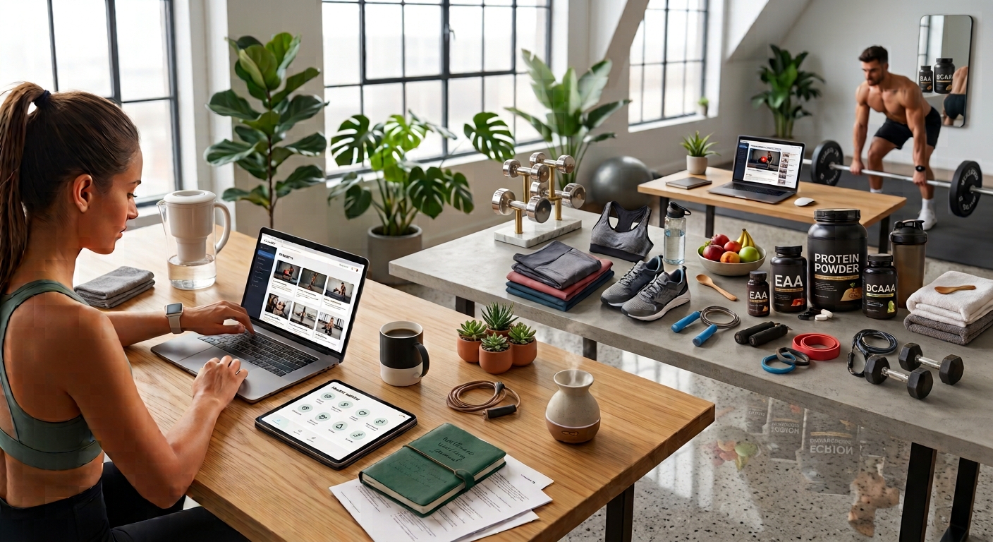 Woman at a laptop browsing fitness content, with home gym gear, dumbbells, protein powder, resistance bands, and workout apparel laid out nearby